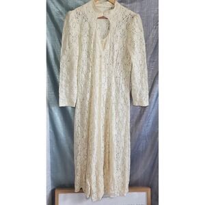 Vtg 80s Ivory Lace Dress Button Corset Back Wedding Fairy Prairie Sheer Romantic